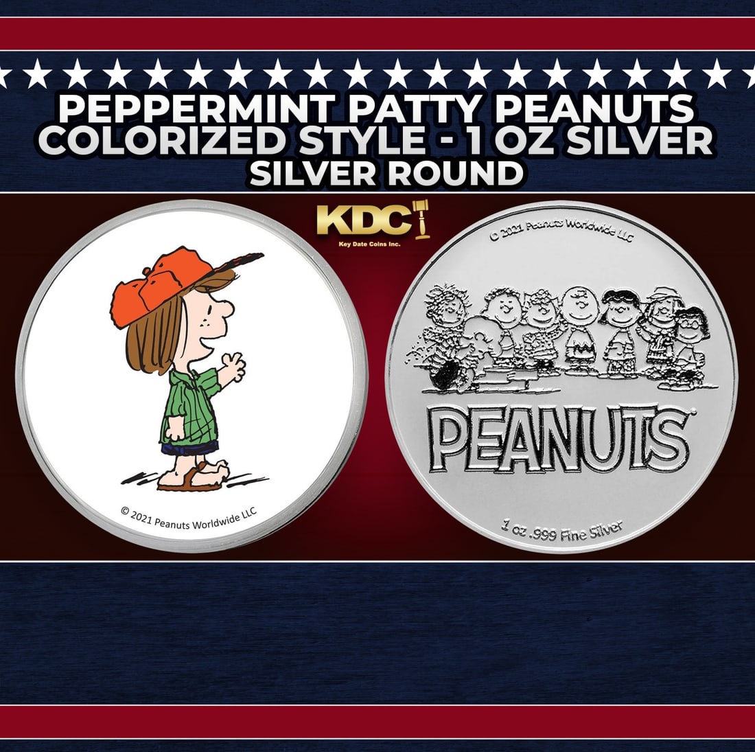 Peppermint Patty Peanuts Colorized Style - 1 oz Silver Round Round: Peppermint Patty Peanuts Colorized Style - 1 oz Silver Round. Now you can collect all of the classic Peanuts characters on these officially licensed colorized silver rounds! Contains 1oz of .999 Fine
