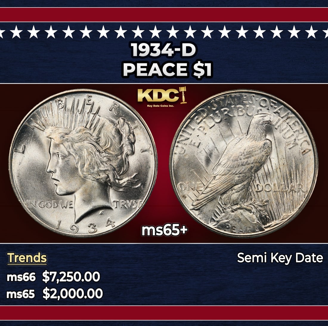1934-d Peace Dollar $1 ms65+ SEGS: 1934-d Peace Dollar $1 ms65+ SEGS. Historic precious metal trends is causing increased spot pricing by the day. On auctions with set openings, we are doing our best to have items priced at their marke