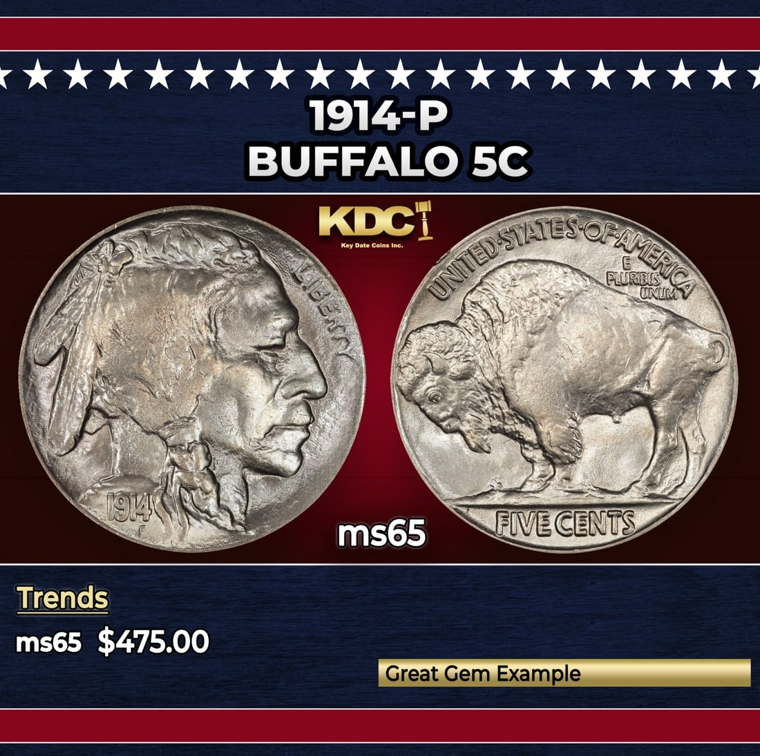 1914-p Buffalo Nickel 5c Grades ms65: 1914-p Buffalo Nickel 5c Grades ms65. Historic precious metal trends is causing increased spot pricing by the day. On auctions with set openings, we are doing our best to have items priced at their ma
