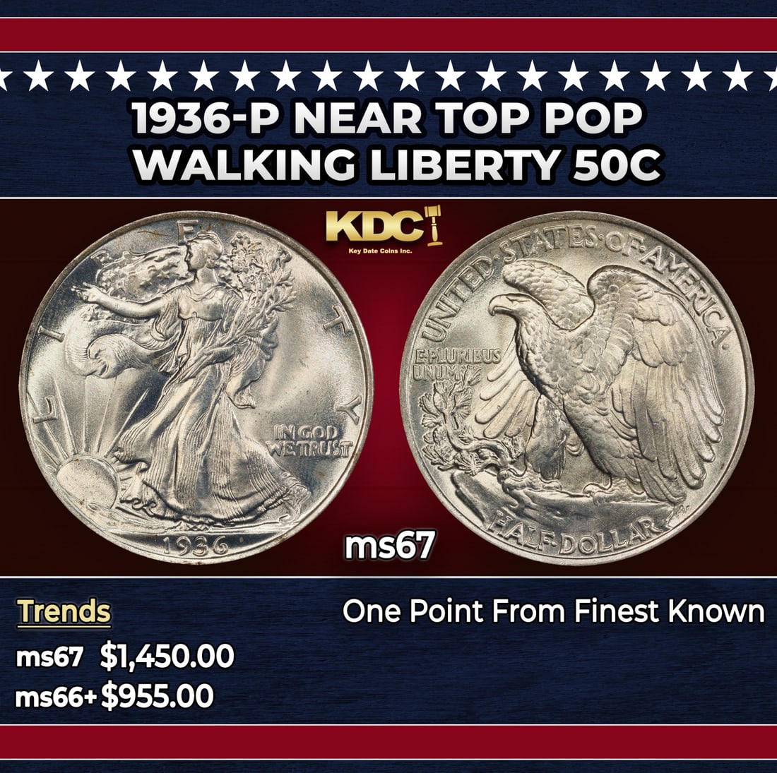 1936-p Walking Liberty Half Dollar Near Top Pop 50c ms67 SEGS: 1936-p Near Top Pop Walking Liberty Half Dollar 50c ms67 SEGS. Historic precious metal trends is causing increased spot pricing by the day. On auctions with set openings, we are doing our best to have