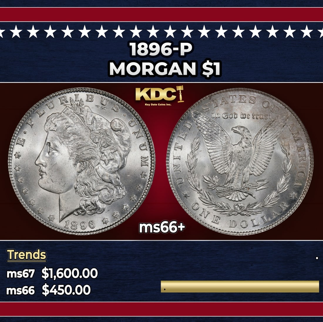 1896-p Morgan Dollar $1 ms66+ SEGS: 1896-p Morgan Dollar $1 ms66+ SEGS. Historic precious metal trends is causing increased spot pricing by the day. On auctions with set openings, we are doing our best to have items priced at their mark