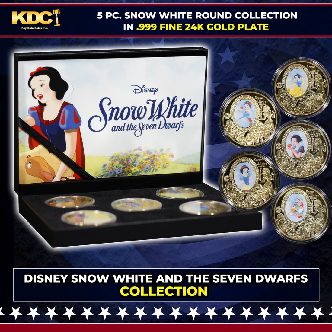5 Coin Disney Snow White & The 7 Dwarves Gold Plated Round Collection In Custom Box W/ Special: 5 Coin Disney Snow White & The 7 Dwarves Gold Plated Round Collection In Custom Box W/ Special Backer card. Please Note All Backer Cards may have slight differences but will be very similar if not ide
