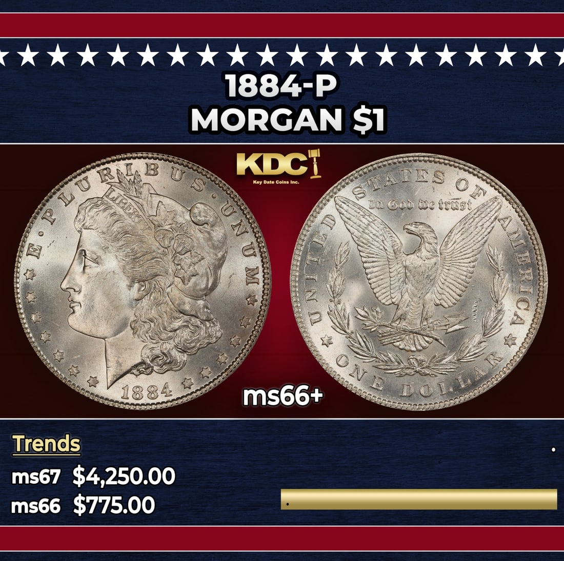 1884-p Morgan Dollar $1 ms66+ SEGS: 1884-p Morgan Dollar $1 ms66+ SEGS. Historic precious metal trends is causing increased spot pricing by the day. On auctions with set openings, we are doing our best to have items priced at their mark