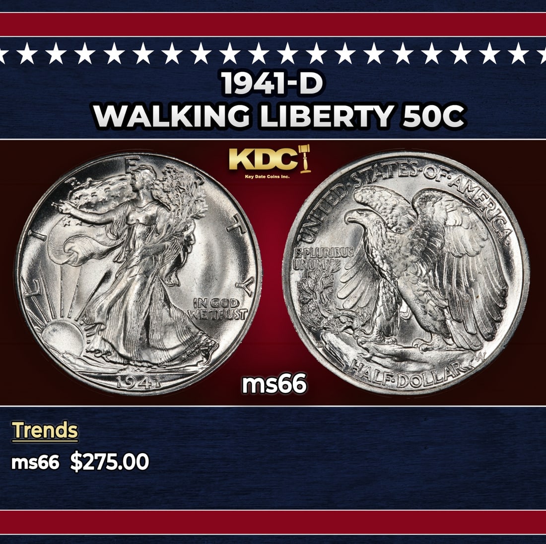 1941-d Walking Liberty Half Dollar 50c Grades ms66: 1941-d Walking Liberty Half Dollar 50c Grades ms66. Historic precious metal trends is causing increased spot pricing by the day. On auctions with set openings, we are doing our best to have items pric