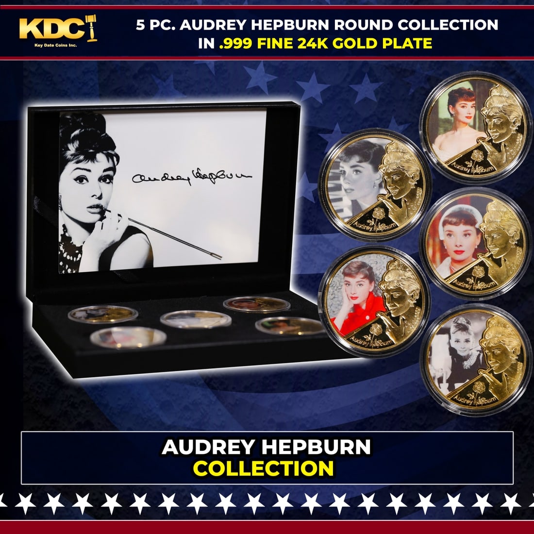 5 Coin Audrey Hepburn 24k Gold Plated Round Collection In Custom Box W/ Special Backer card: 5 Coin Audrey Hepburn 24k Gold Plated Round Collection In Custom Box W/ Special Backer card. Please Note All Backer Cards may have slight differences but will be very similar if not identical to the o