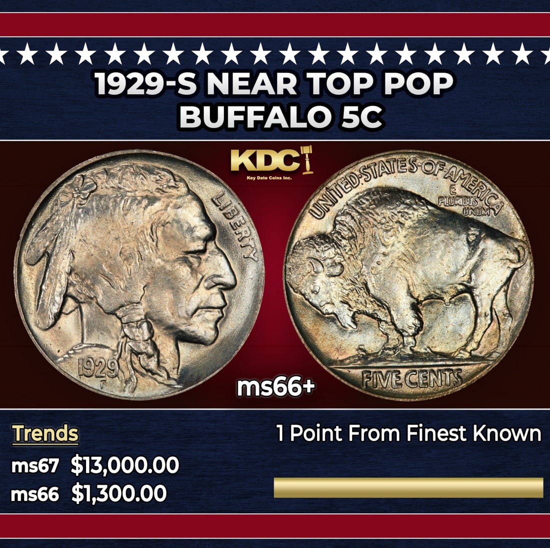 1929-s Buffalo Nickel Near Top Pop 5c ms66+ SEGS: 1929-s Near Top Pop Buffalo Nickel 5c ms66+ SEGS. Historic precious metal trends is causing increased spot pricing by the day. On auctions with set openings, we are doing our best to have items priced