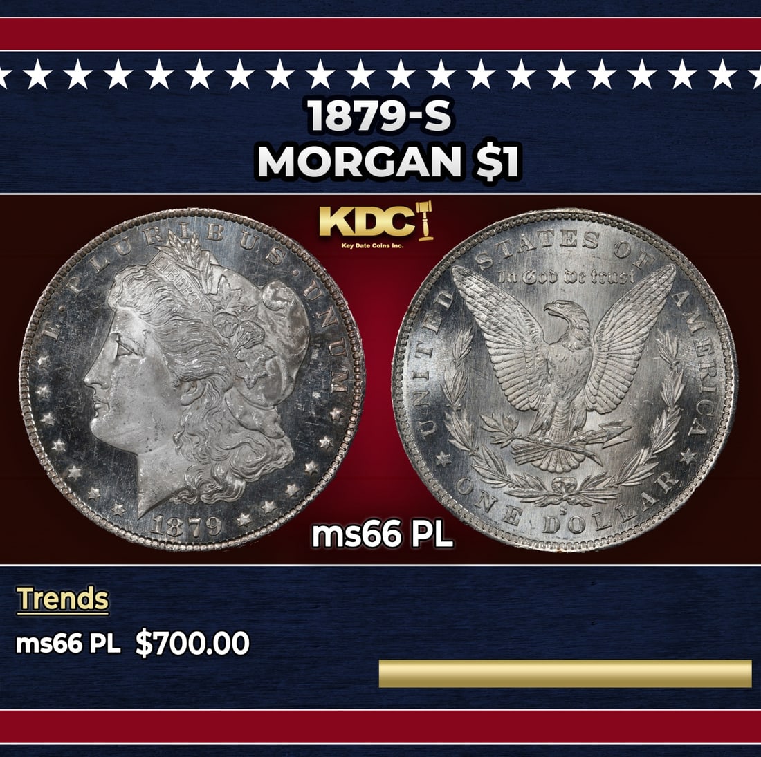 1879-s Morgan Dollar $1 Grades ms66 PL: 1879-s Morgan Dollar $1 Grades ms66 PL. Historic precious metal trends is causing increased spot pricing by the day. On auctions with set openings, we are doing our best to have items priced at their