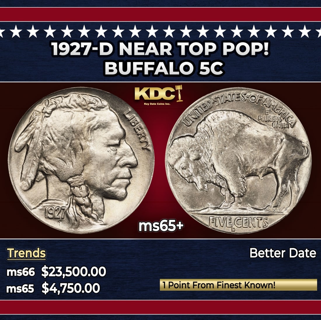 1927-d Buffalo Nickel Near Top Pop! 5c ms65+ SEGS: 1927-d Near Top Pop! Buffalo Nickel 5c ms65+ SEGS. Historic precious metal trends is causing increased spot pricing by the day. On auctions with set openings, we are doing our best to have items price
