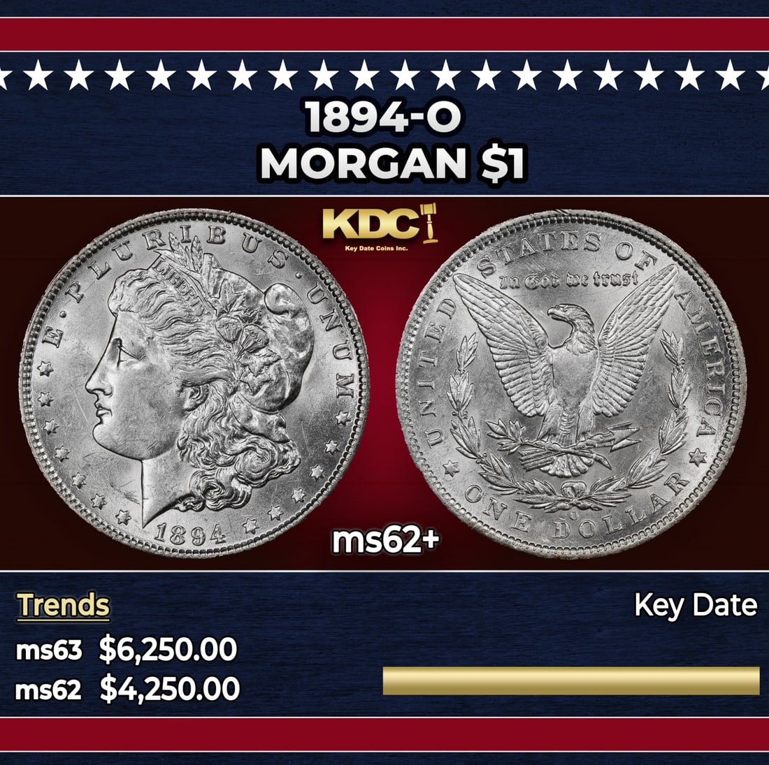 1894-o Morgan Dollar $1 ms62+ USCG: 1894-o Morgan Dollar $1 ms62+ USCG. Historic precious metal trends is causing increased spot pricing by the day. On auctions with set openings, we are doing our best to have items priced at their mark