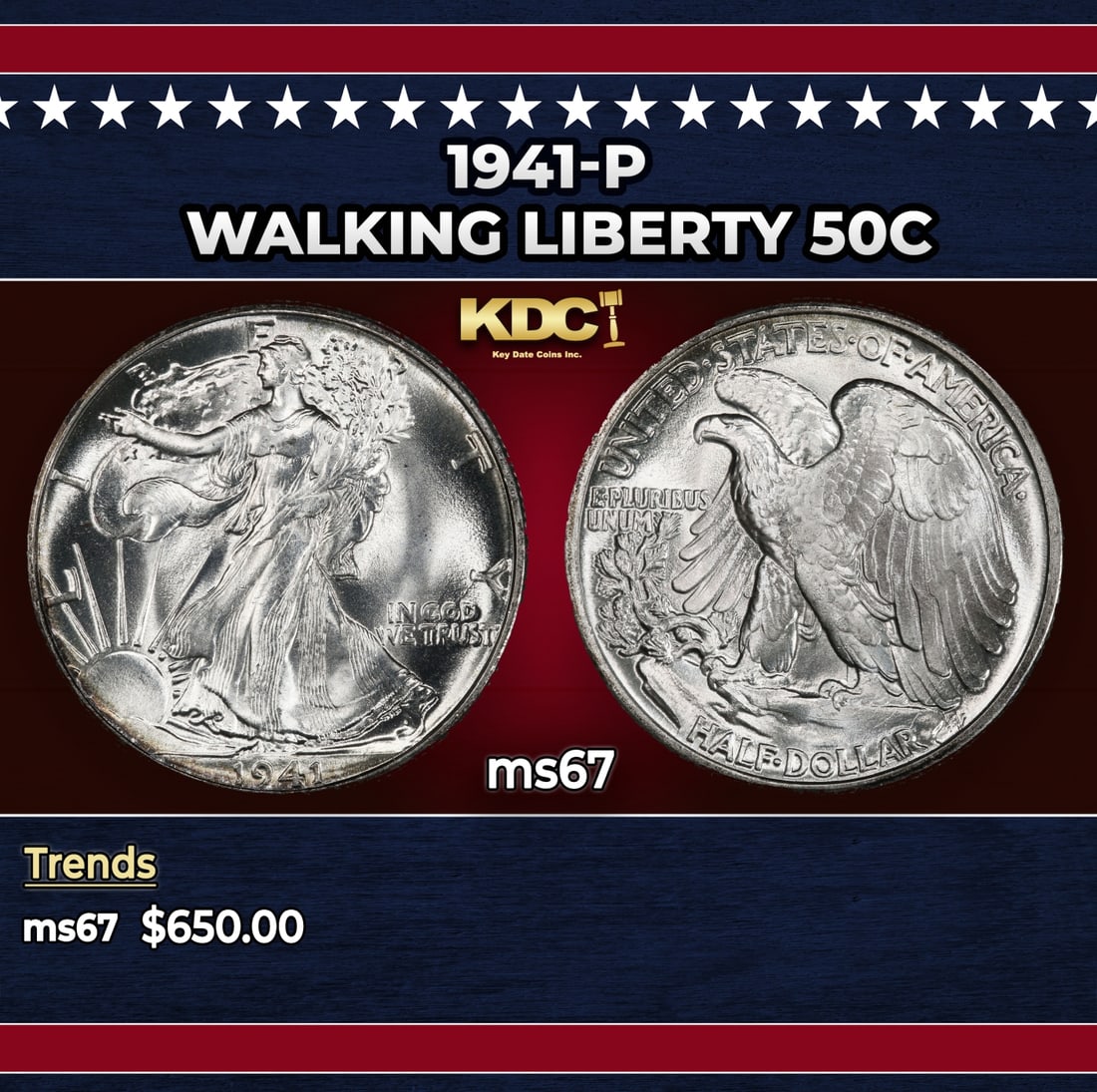 1941-p Walking Liberty Half Dollar 50c ms67 SEGS: 1941-p Walking Liberty Half Dollar 50c ms67 SEGS. Historic precious metal trends is causing increased spot pricing by the day. On auctions with set openings, we are doing our best to have items priced