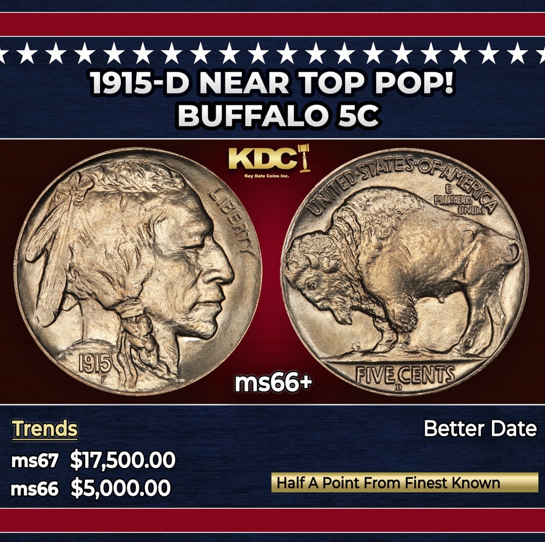 1915-d Buffalo Nickel Near Top Pop! 5c ms66+ SEGS: 1915-d Near Top Pop! Buffalo Nickel 5c ms66+ SEGS. Historic precious metal trends is causing increased spot pricing by the day. On auctions with set openings, we are doing our best to have items price