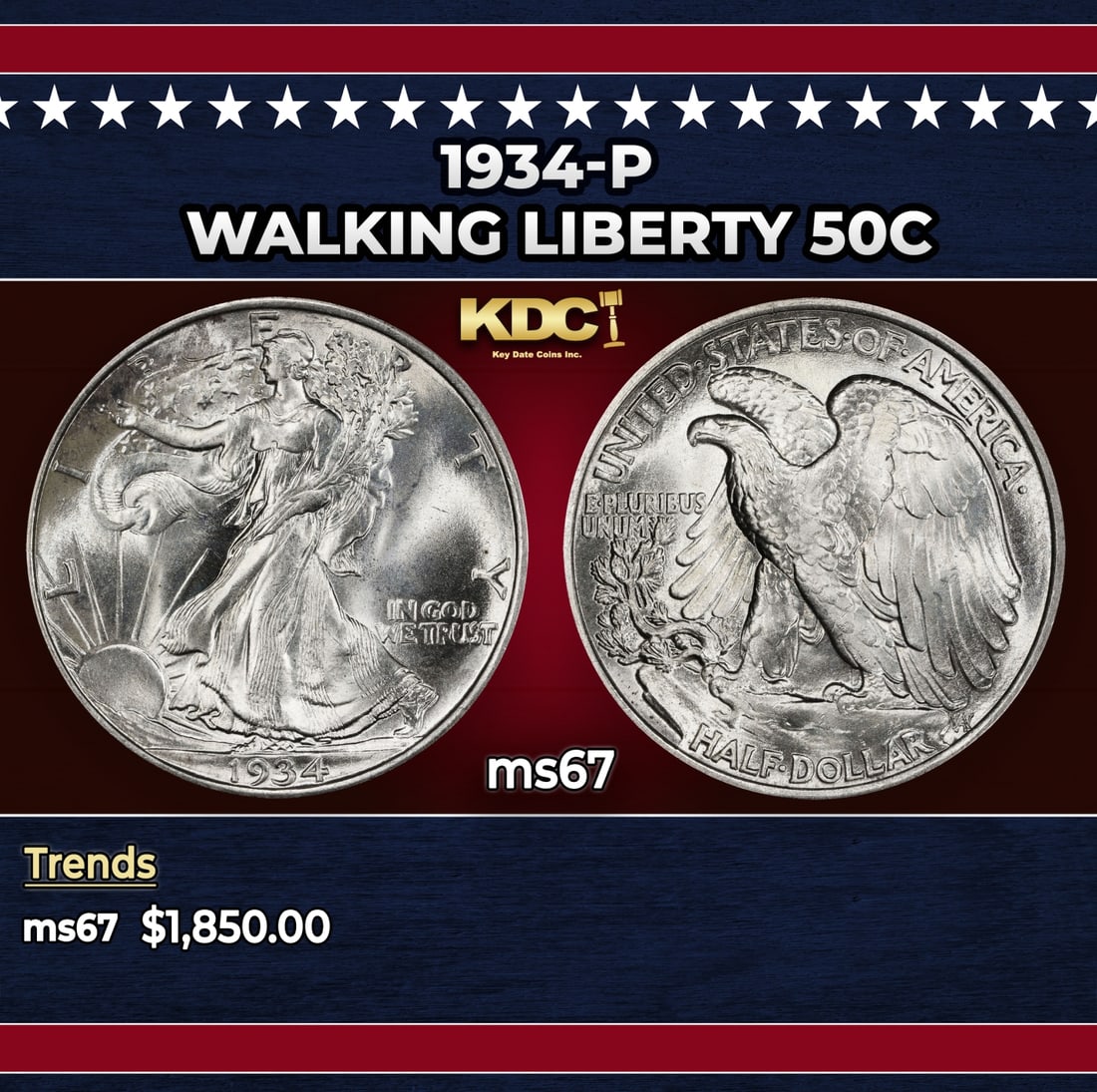 1934-p Walking Liberty Half Dollar 50c ms67 SEGS: 1934-p Walking Liberty Half Dollar 50c ms67 SEGS. Historic precious metal trends is causing increased spot pricing by the day. On auctions with set openings, we are doing our best to have items priced