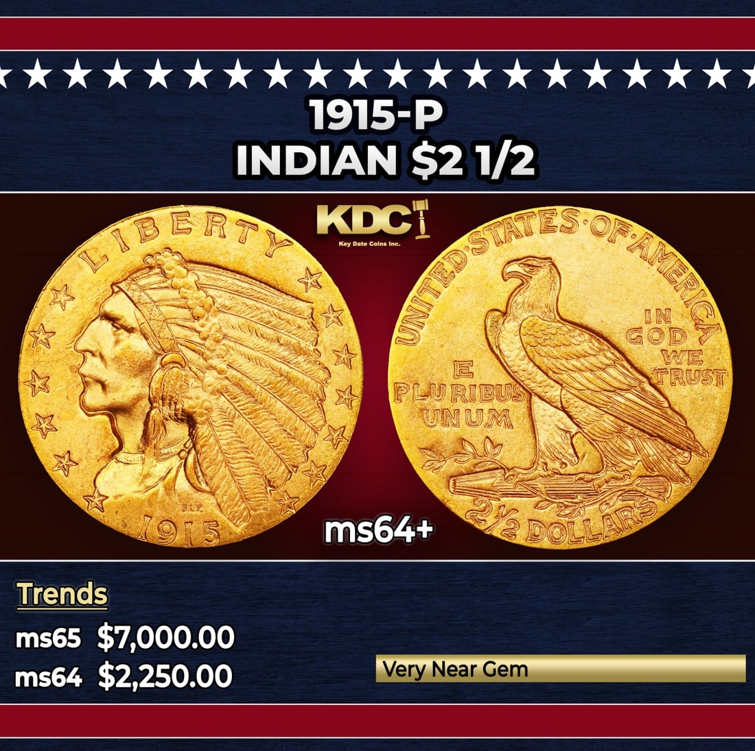 1915-p Gold Indian Quarter Eagle $2 1/2 ms64+ SEGS: 1915-p Gold Indian Quarter Eagle $2 1/2 ms64+ SEGS. Historic precious metal trends is causing increased spot pricing by the day. On auctions with set openings, we are doing our best to have items pric