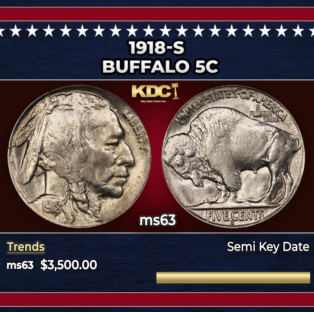 1918-s Buffalo Nickel 5c ms63 USCG: 1918-s Buffalo Nickel 5c ms63 USCG. Historic precious metal trends is causing increased spot pricing by the day. On auctions with set openings, we are doing our best to have items priced at their mark