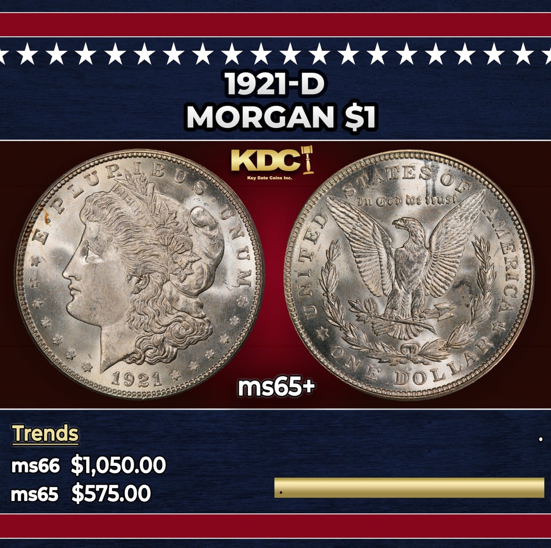 1921-d Morgan Dollar $1 Grades ms65+: 1921-d Morgan Dollar $1 Grades ms65+. Historic precious metal trends is causing increased spot pricing by the day. On auctions with set openings, we are doing our best to have items priced at their ma