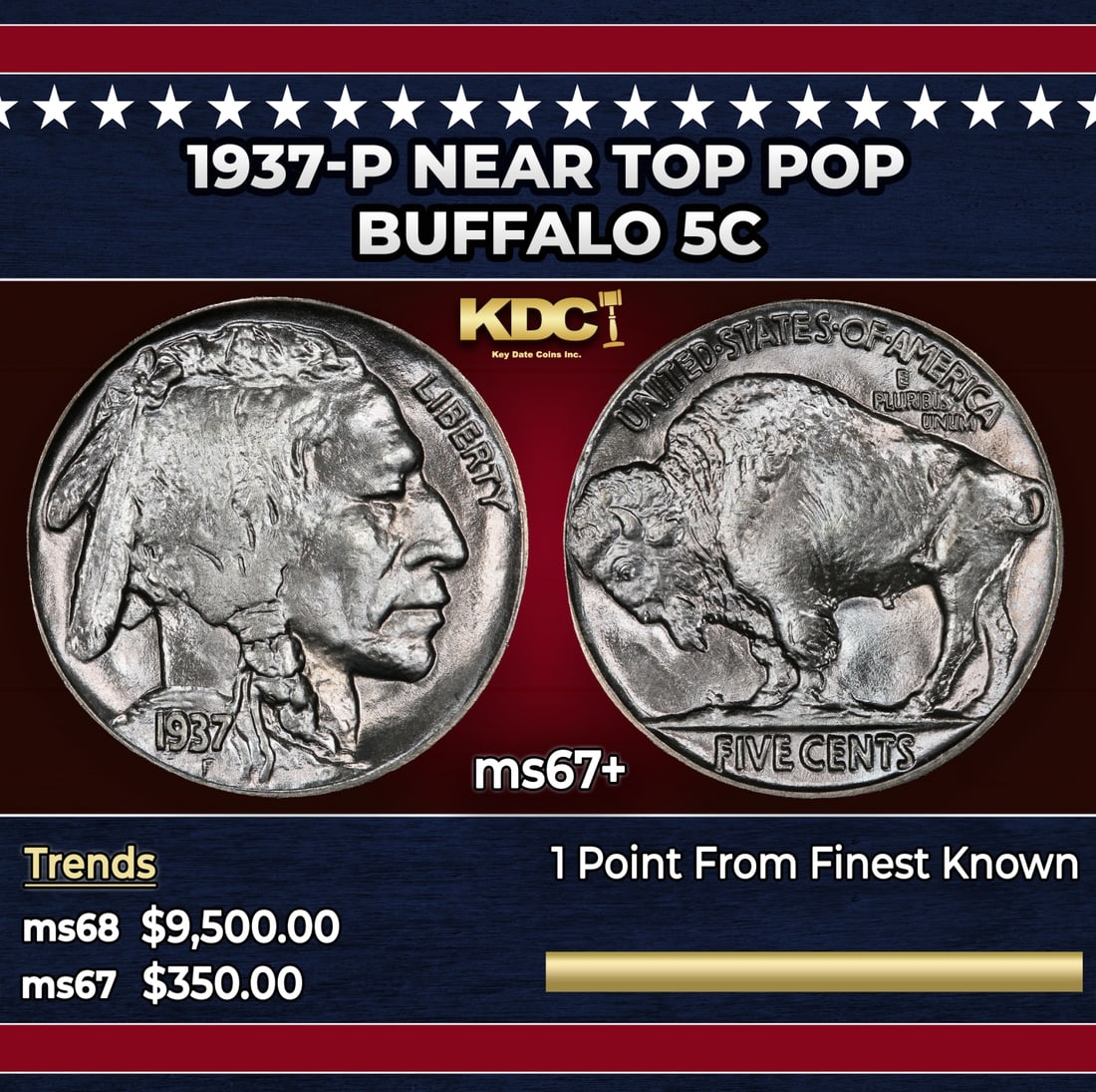1937-p Buffalo Nickel Near Top Pop 5c ms67+ SEGS: 1937-p Near Top Pop Buffalo Nickel 5c ms67+ SEGS. Historic precious metal trends is causing increased spot pricing by the day. On auctions with set openings, we are doing our best to have items priced