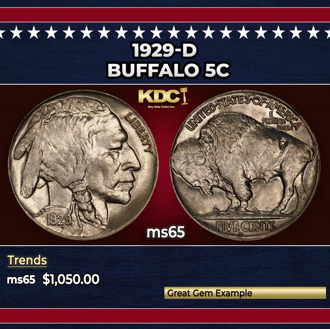 1929-d Buffalo Nickel 5c ms65 SEGS: 1929-d Buffalo Nickel 5c ms65 SEGS. Historic precious metal trends is causing increased spot pricing by the day. On auctions with set openings, we are doing our best to have items priced at their mark