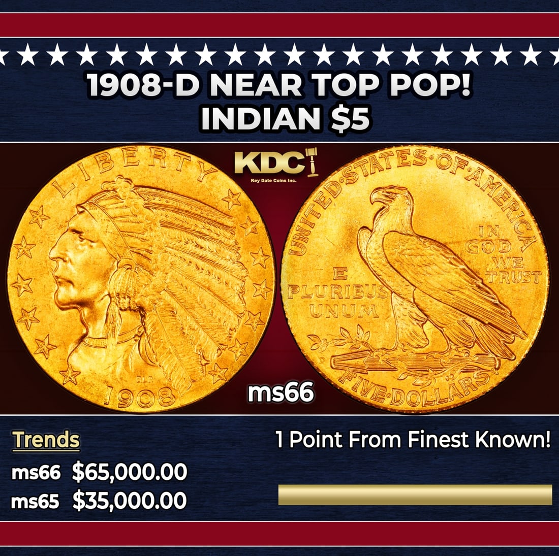 1908-d Gold Indian Half Eagle Near Top Pop! $5 ms66 USCG: 1908-d Near Top Pop! Gold Indian Half Eagle $5 ms66 USCG. Historic precious metal trends is causing increased spot pricing by the day. On auctions with set openings, we are doing our best to have item