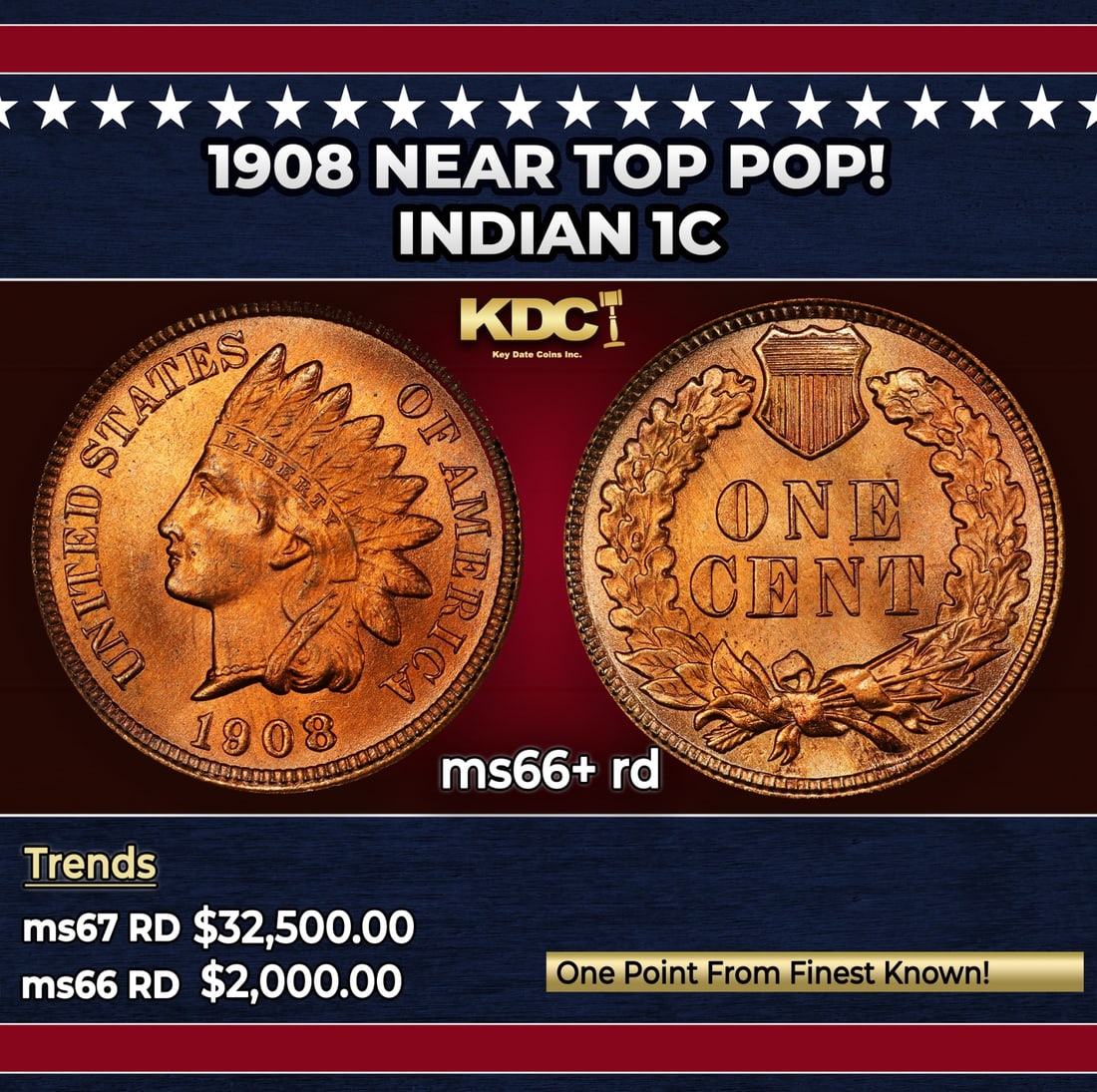 1908 Indian Cent Near Top Pop! 1c ms66+ rd SEGS: 1908 Near Top Pop! Indian Cent 1c ms66+ rd SEGS. Historic precious metal trends is causing increased spot pricing by the day. On auctions with set openings, we are doing our best to have items priced