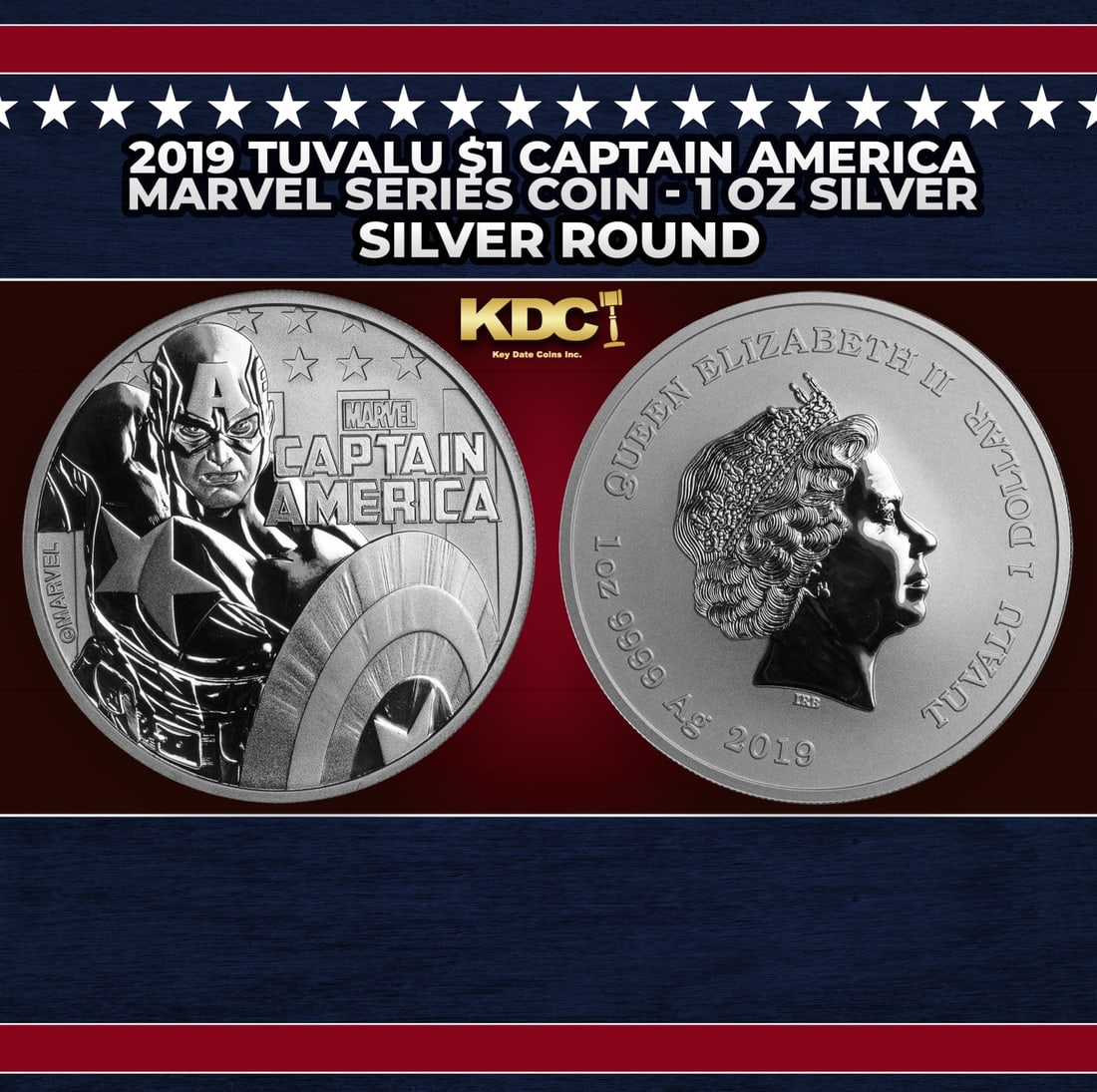 2019 Tuvalu $1 Captain America Marvel Series Coin - 1 oz Silver Round Round: 2019 Tuvalu $1 Captain America Marvel Series Coin - 1 oz Silver Round. This is the 6th release of the "Marvel Bullion" series, featuring various Marvel characters, struck in Australia by the Perth Min