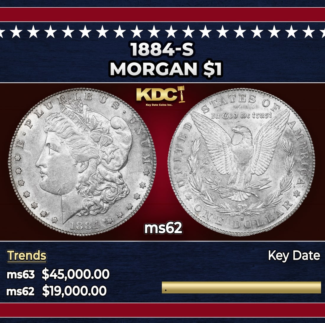1884-s Morgan Dollar $1 ms62 USCG: 1884-s Morgan Dollar $1 ms62 USCG. Historic precious metal trends is causing increased spot pricing by the day. On auctions with set openings, we are doing our best to have items priced at their marke