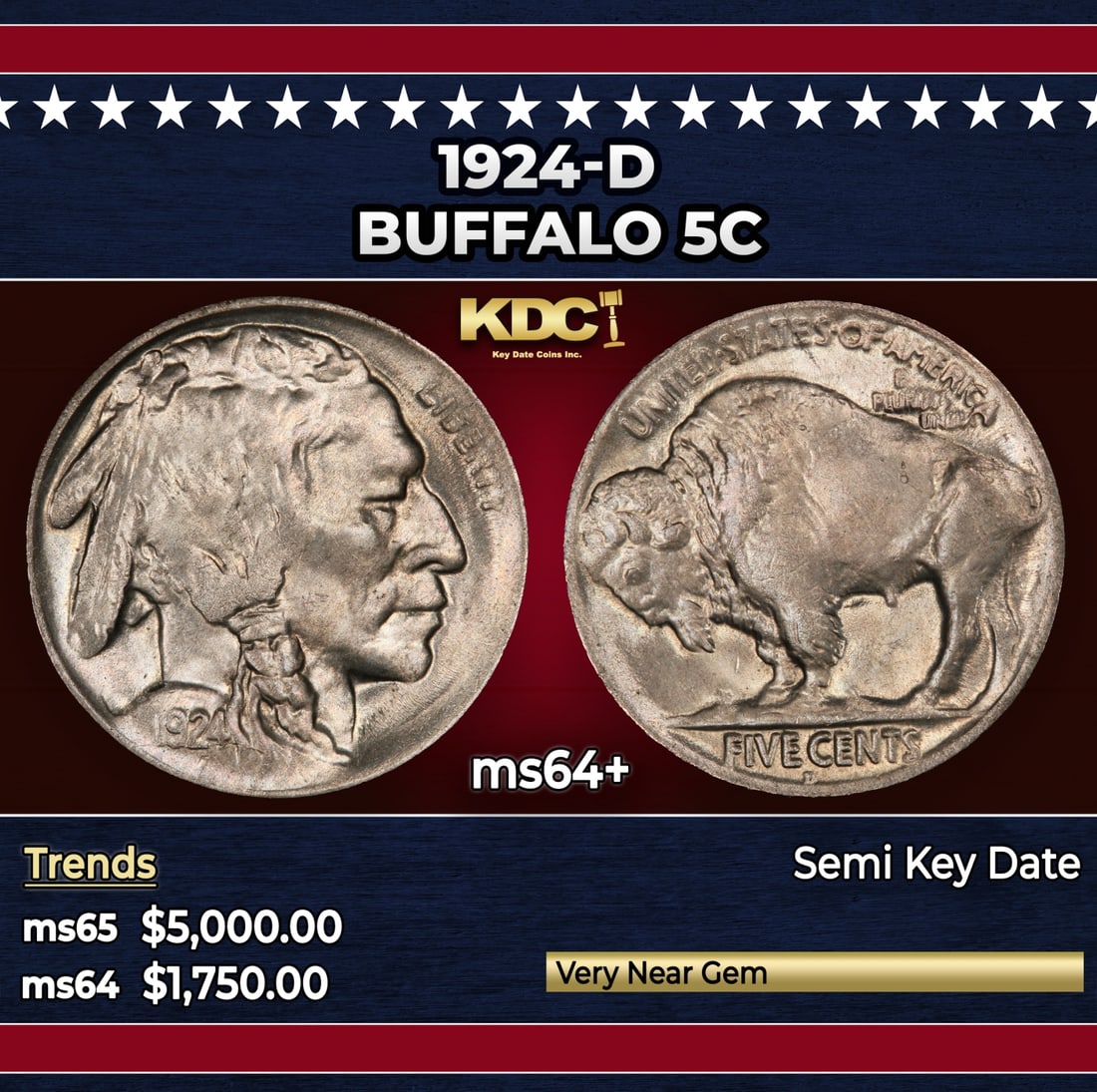 1924-d Buffalo Nickel 5c ms64+ SEGS: 1924-d Buffalo Nickel 5c ms64+ SEGS. Historic precious metal trends is causing increased spot pricing by the day. On auctions with set openings, we are doing our best to have items priced at their mar