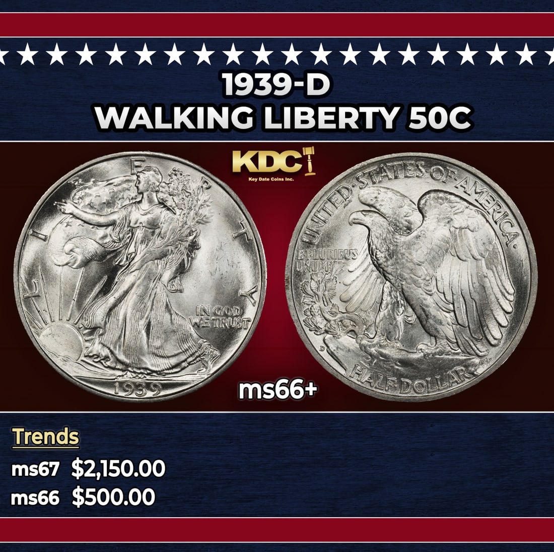 1939-d Walking Liberty Half Dollar 50c ms66+ SEGS: 1939-d Walking Liberty Half Dollar 50c ms66+ SEGS. Historic precious metal trends is causing increased spot pricing by the day. On auctions with set openings, we are doing our best to have items price