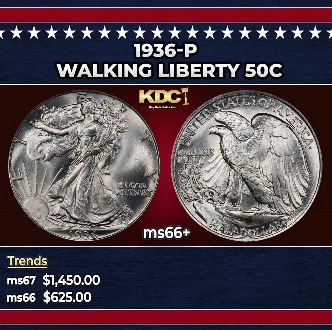 1936-p Walking Liberty Half Dollar 50c ms66+ SEGS: 1936-p Walking Liberty Half Dollar 50c ms66+ SEGS. Historic precious metal trends is causing increased spot pricing by the day. On auctions with set openings, we are doing our best to have items price