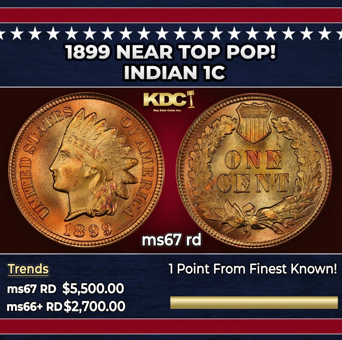 1899 Indian Cent Near Top Pop! 1c ms67 rd SEGS: 1899 Near Top Pop! Indian Cent 1c ms67 rd SEGS. Historic precious metal trends is causing increased spot pricing by the day. On auctions with set openings, we are doing our best to have items priced a