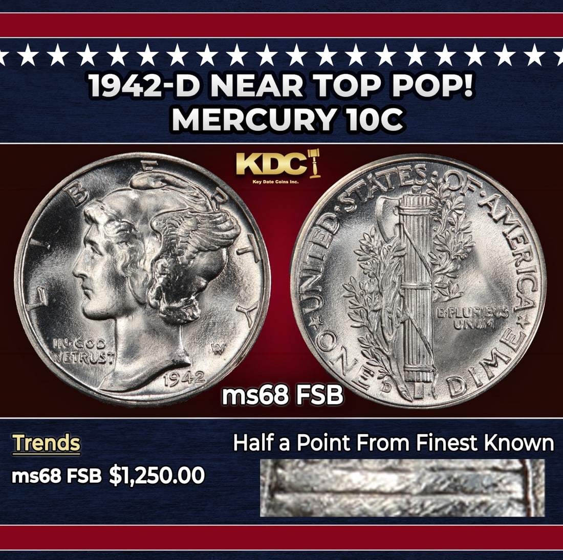 1942-d Mercury Dime Near Top Pop! 10c ms68 FSB SEGS: 1942-d Near Top Pop! Mercury Dime 10c ms68 FSB SEGS. Historic precious metal trends is causing increased spot pricing by the day. On auctions with set openings, we are doing our best to have items pri