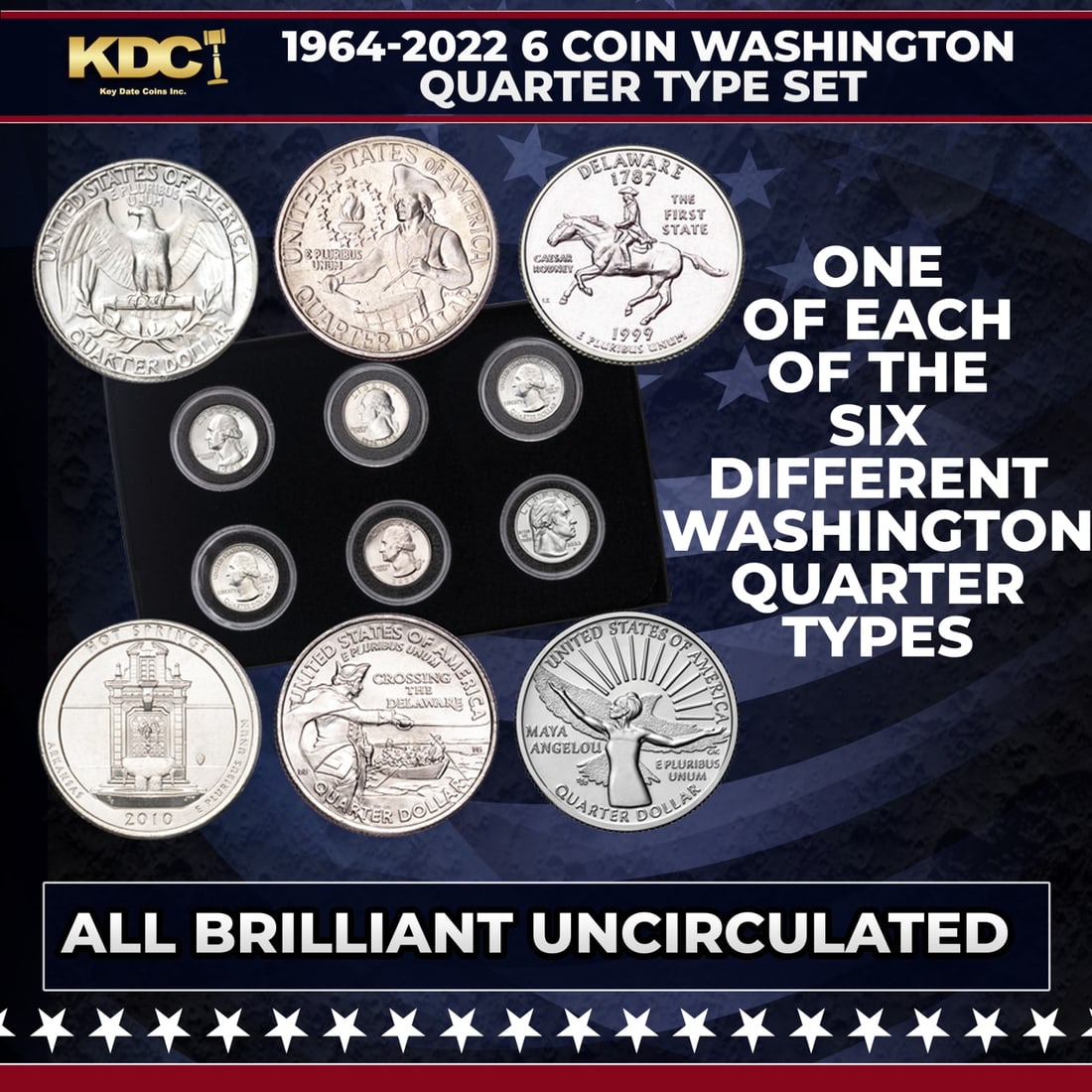 1964-2022 6 Coin Washington Quarter Type Set Uncirculated: 1964-2022 6 Coin Washington Quarter Type Set Uncirculated. Here's the perfect gift for your favorite quarter collector! This 6-coin set shows changes spanning the Washington quarter series: 1964 – f