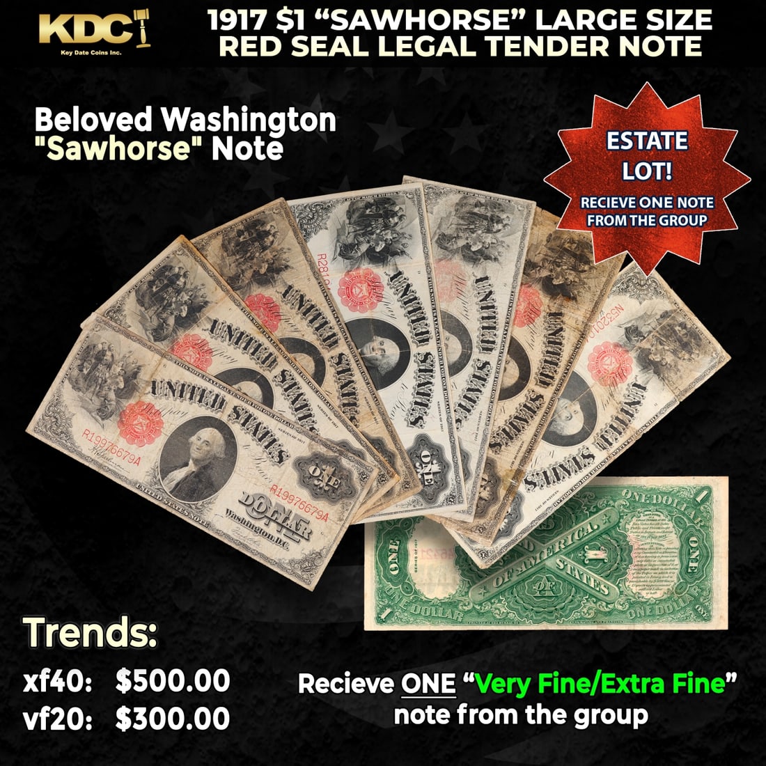 1x 1917 $1 Large Size Red Seal Legal Tender Note 'Sawhorse' Grades VF/XF: 1x 1917 $1 Large Size Red Seal Legal Tender Note 'Sawhorse' Grades VF/XF. This 1917 $1 note is the last large-sized legal tender bank note ever issued. It's referred to as a "Horseblanket Note," due t