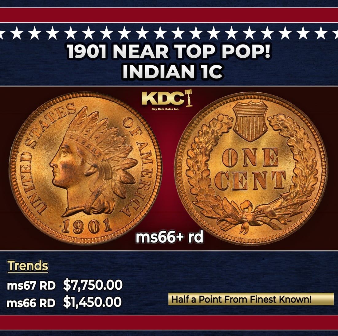 1901 Indian Cent Near Top Pop! 1c ms66+ rd SEGS: 1901 Near Top Pop! Indian Cent 1c ms66+ rd SEGS. Historic precious metal trends is causing increased spot pricing by the day. On auctions with set openings, we are doing our best to have items priced
