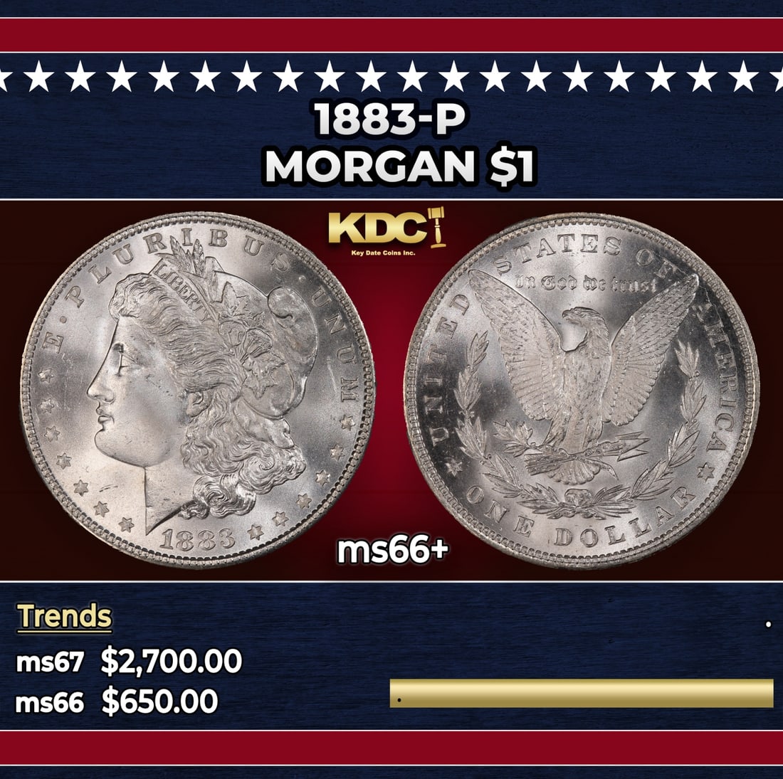 1883-p Morgan Dollar $1 ms66+ SEGS: 1883-p Morgan Dollar $1 ms66+ SEGS. Historic precious metal trends is causing increased spot pricing by the day. On auctions with set openings, we are doing our best to have items priced at their mark