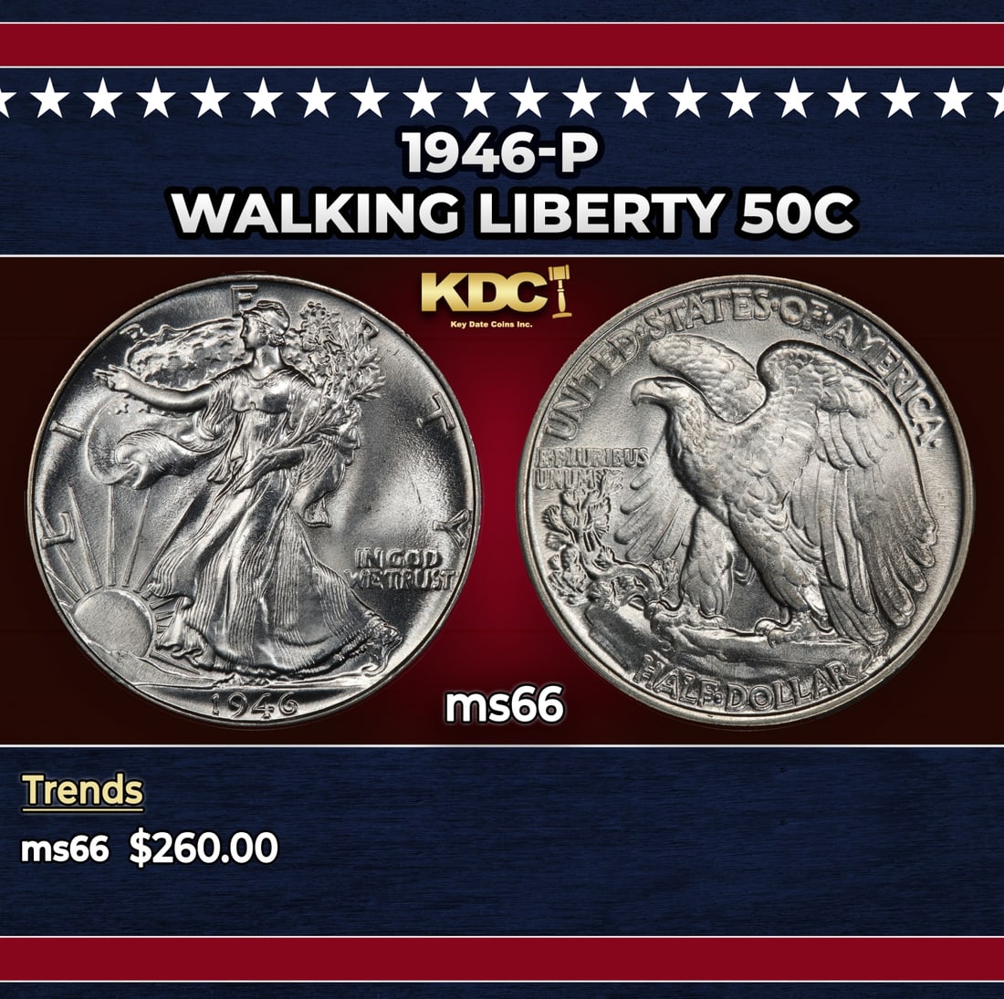 1946-p Walking Liberty Half Dollar 50c Grades ms66: 1946-p Walking Liberty Half Dollar 50c Grades ms66. Historic precious metal trends is causing increased spot pricing by the day. On auctions with set openings, we are doing our best to have items pric