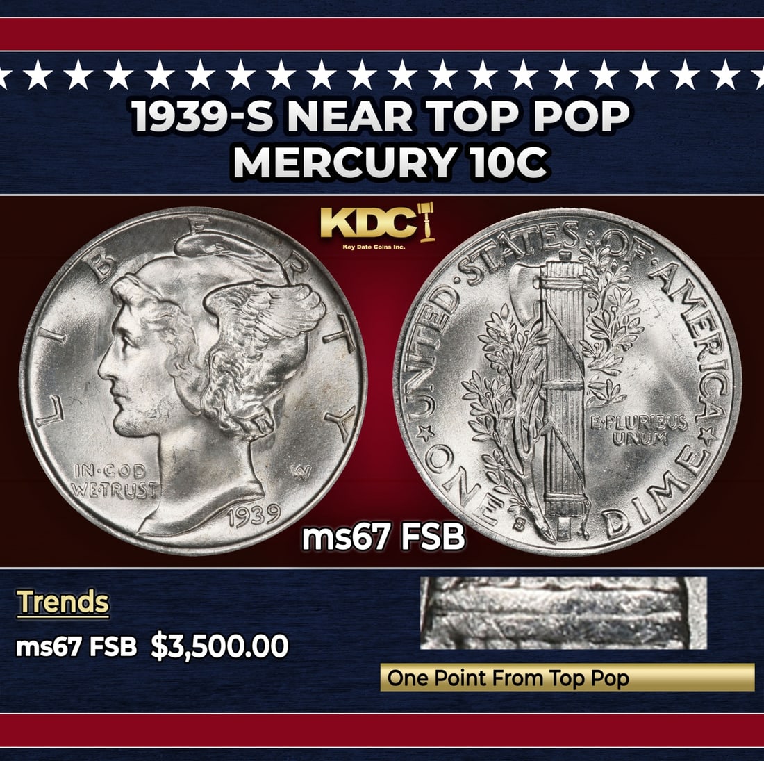 1939-s Mercury Dime Near Top Pop 10c ms67 FSB SEGS: 1939-s Near Top Pop Mercury Dime 10c ms67 FSB SEGS. Historic precious metal trends is causing increased spot pricing by the day. On auctions with set openings, we are doing our best to have items pric