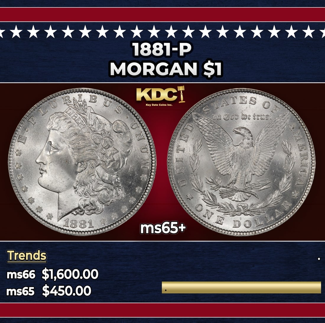 1881-p Morgan Dollar $1 Grades ms65+: 1881-p Morgan Dollar $1 Grades ms65+. Historic precious metal trends is causing increased spot pricing by the day. On auctions with set openings, we are doing our best to have items priced at their ma