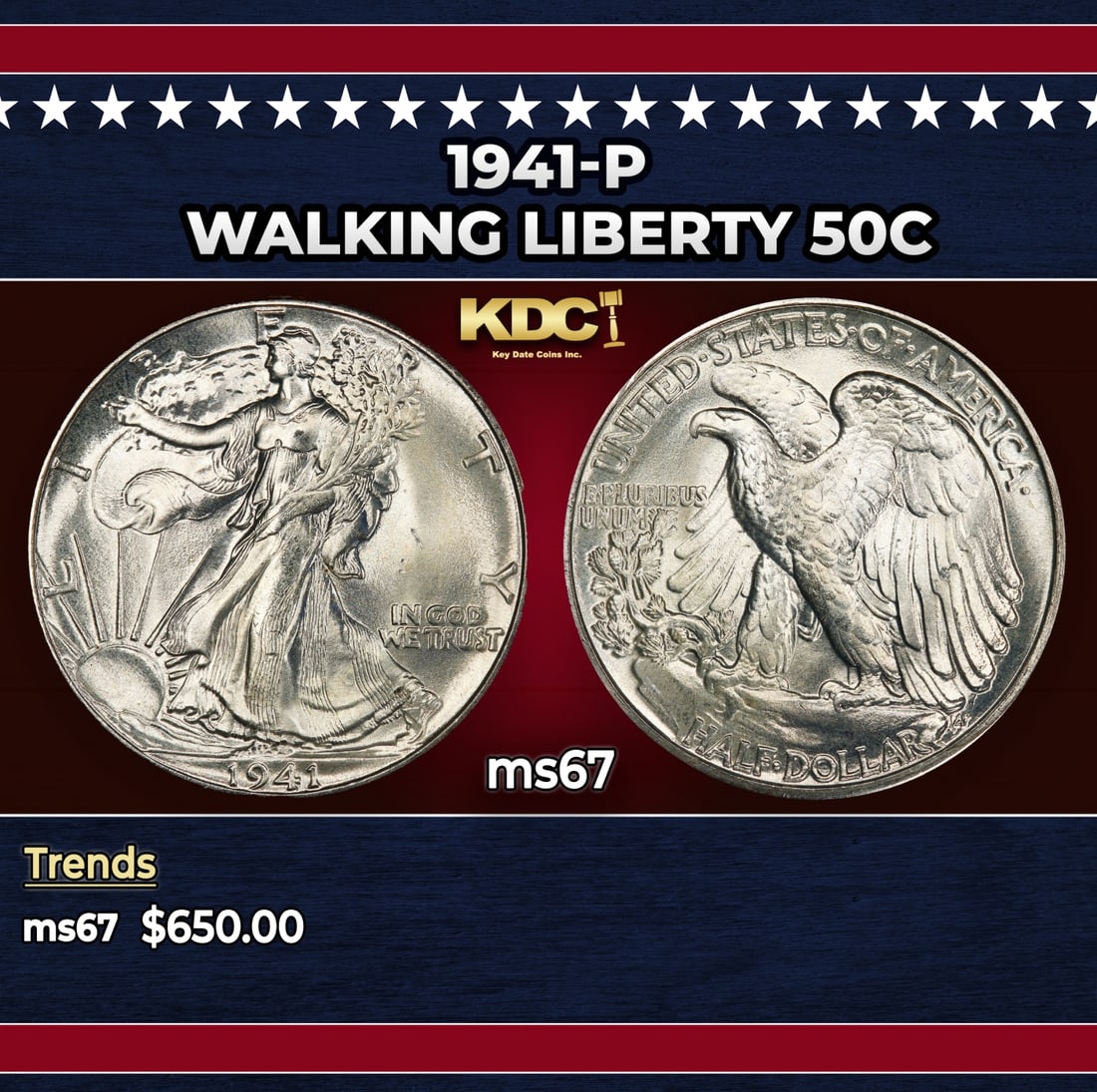1941-p Walking Liberty Half Dollar 50c ms67 SEGS: 1941-p Walking Liberty Half Dollar 50c ms67 SEGS. Historic precious metal trends is causing increased spot pricing by the day. On auctions with set openings, we are doing our best to have items priced