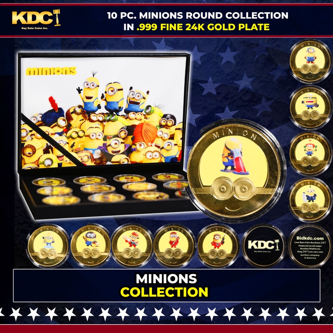 10 PC. Minions Gold Plated Round Collection In Custom Box W/ Special Backer card: 10 PC. Minions Gold Plated Round Collection In Custom Box W/ Special Backer card. Please Note All Backer Cards may have slight differences but will be very similar if not identical to the one in the p
