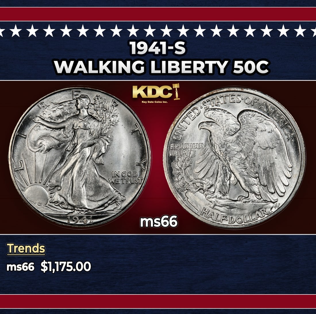 1941-s Walking Liberty Half Dollar 50c ms66 SEGS: 1941-s Walking Liberty Half Dollar 50c ms66 SEGS. Historic precious metal trends is causing increased spot pricing by the day. On auctions with set openings, we are doing our best to have items priced