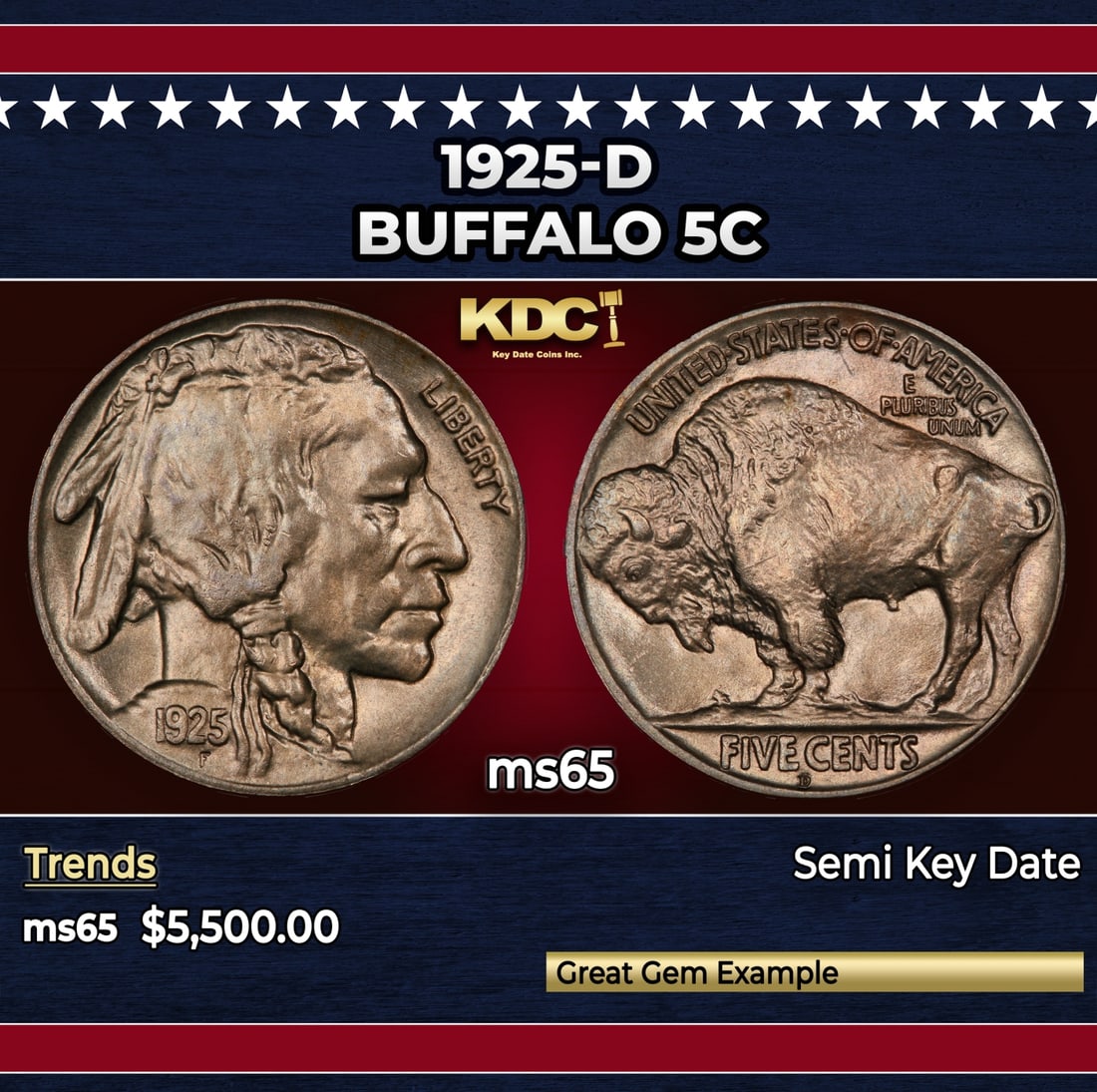 1925-d Buffalo Nickel 5c ms65 SEGS: 1925-d Buffalo Nickel 5c ms65 SEGS. Historic precious metal trends is causing increased spot pricing by the day. On auctions with set openings, we are doing our best to have items priced at their mark