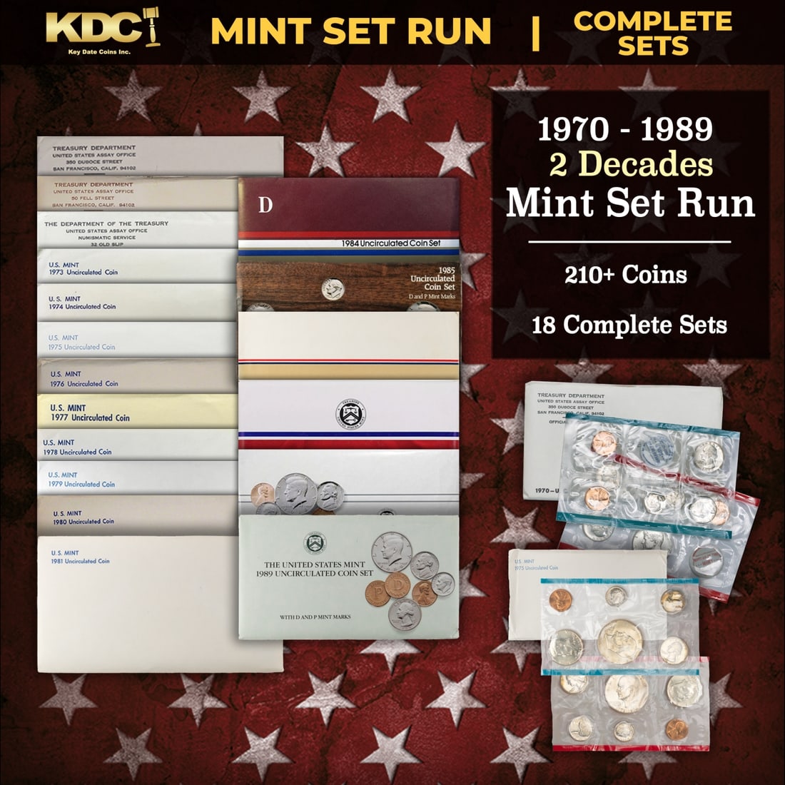 1970-1989 2 Decades Mint Set Run - 218 Coins, 18 Complete Sets Includes All Ike Years: 1970-1989 2 Decades Mint Set Run - 218 Coins, 18 Complete Sets Includes All Ike Years. 1970-1989 2 Decades Mint Set Run - 218 Coins, 18 Complete Sets. Includes All Ike $1 Years. No Mint Sets were issu
