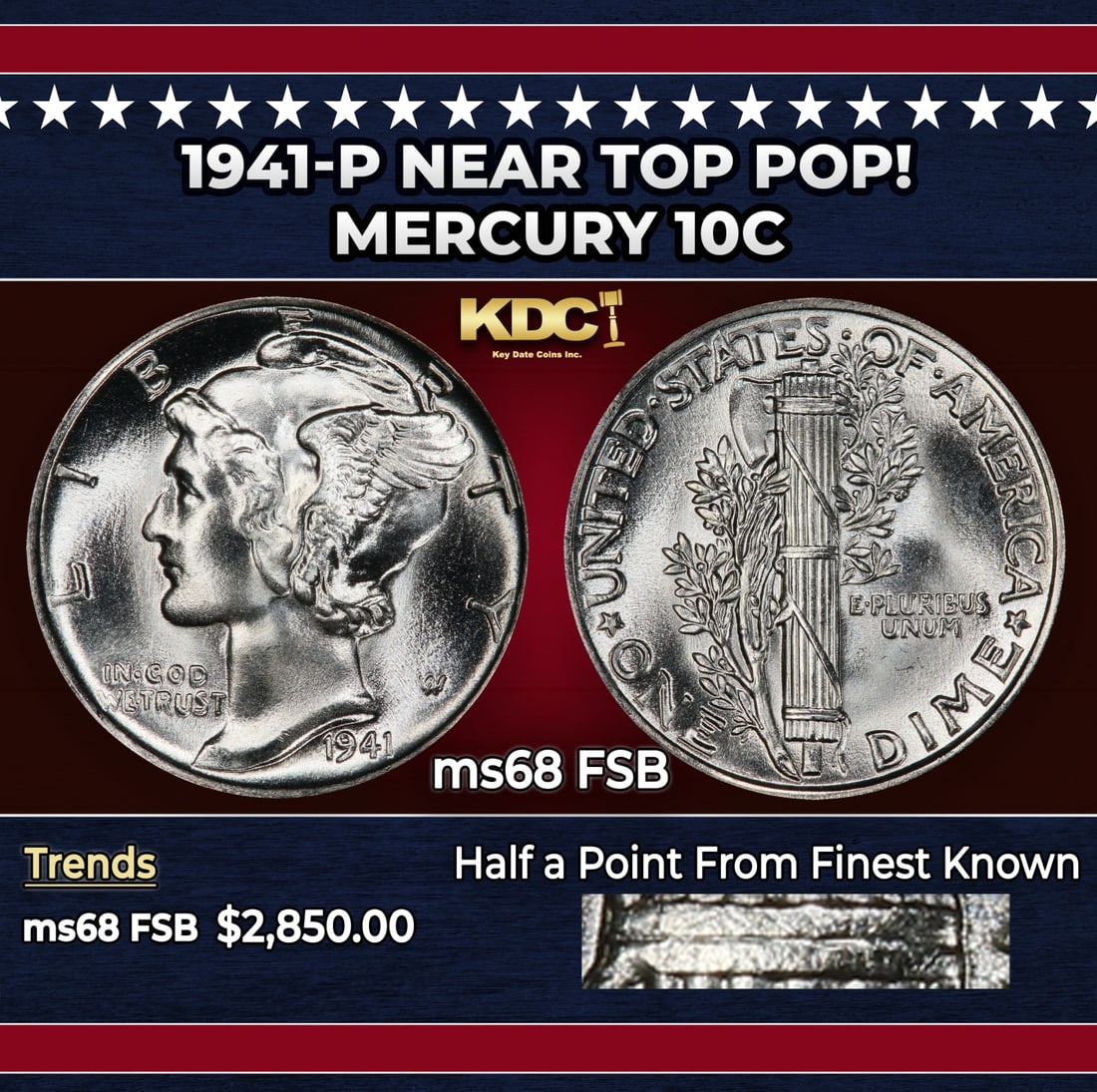 1941-p Mercury Dime Near Top Pop! 10c ms68 FSB SEGS: 1941-p Near Top Pop! Mercury Dime 10c ms68 FSB SEGS. Historic precious metal trends is causing increased spot pricing by the day. On auctions with set openings, we are doing our best to have items pri