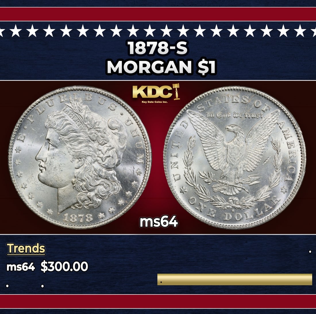 1878-s Morgan Dollar $1 Grades ms64: 1878-s Morgan Dollar $1 Grades ms64. Slightly better date. First year of issue. Historic precious metal trends is causing increased spot pricing by the day. On auctions with set openings, we are doing