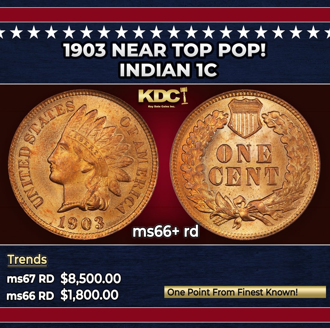 1903 Indian Cent Near Top Pop! 1c ms66+ rd SEGS: 1903 Near Top Pop! Indian Cent 1c ms66+ rd SEGS. Historic precious metal trends is causing increased spot pricing by the day. On auctions with set openings, we are doing our best to have items priced