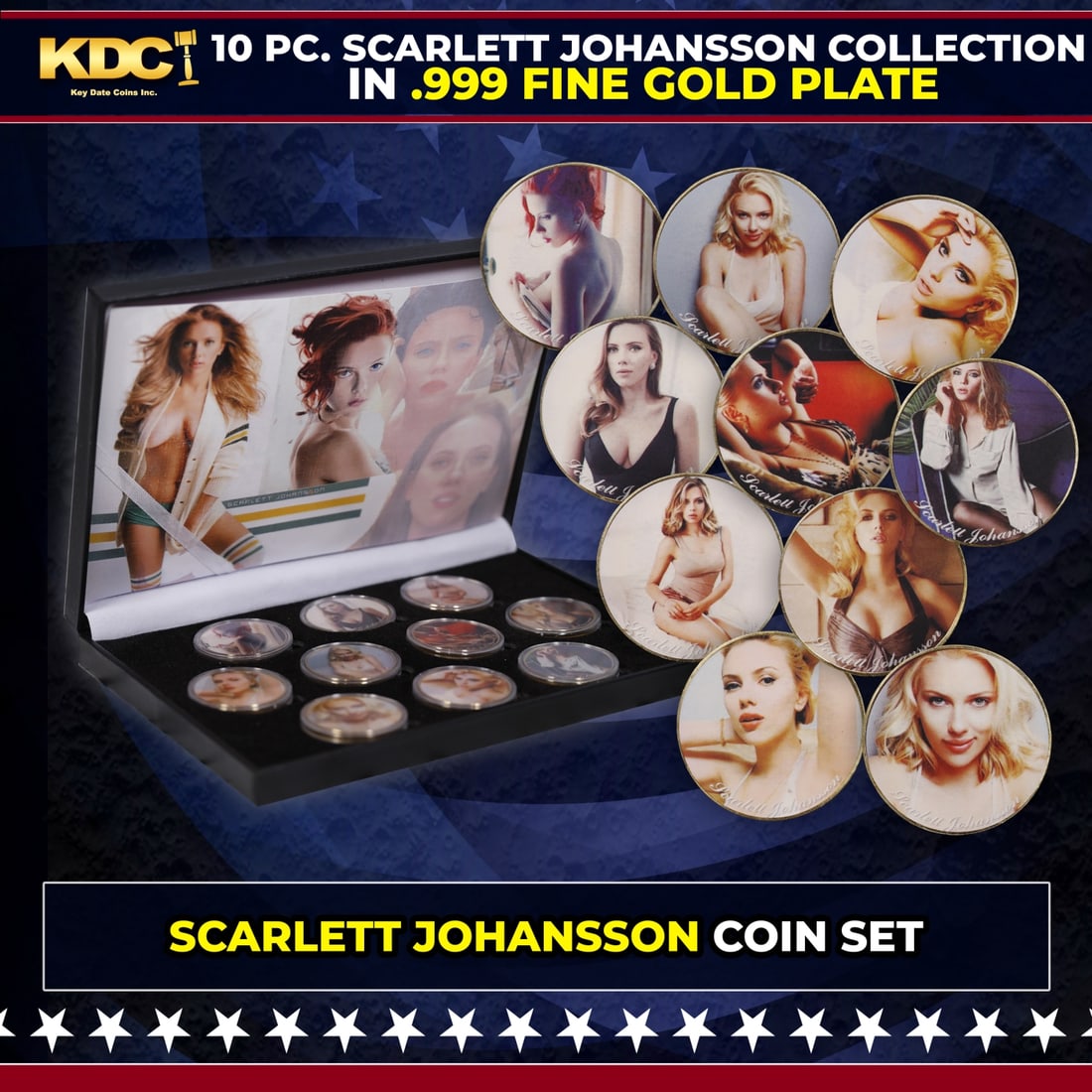 10 Coin Scarlett Johansson Gold Plated Round Collection: 10 Coin Scarlett Johansson Gold Plated Round Collection. Please Note All Backer Cards may have slight differences but will be very similar if not identical to the one in the photoHistoric precious met