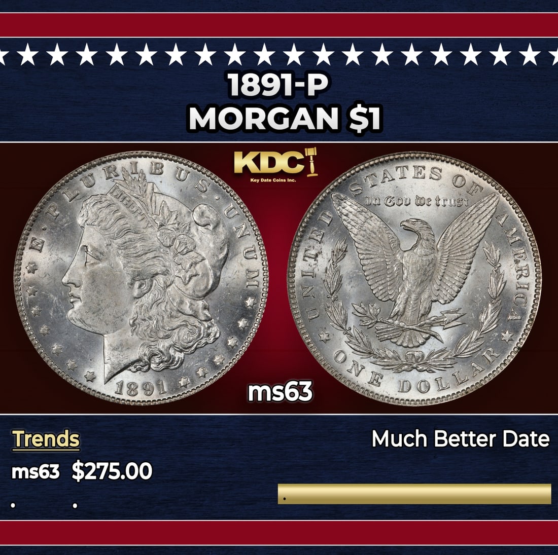 1891-p Morgan Dollar $1 Grades ms63: 1891-p Morgan Dollar $1 Grades ms63. Historic precious metal trends is causing increased spot pricing by the day. On auctions with set openings, we are doing our best to have items priced at their mar