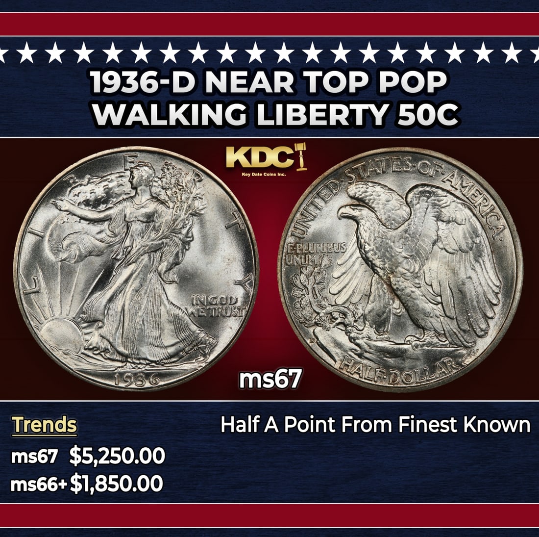 1936-d Walking Liberty Half Dollar Near Top Pop 50c ms67 SEGS: 1936-d Near Top Pop Walking Liberty Half Dollar 50c ms67 SEGS. Historic precious metal trends is causing increased spot pricing by the day. On auctions with set openings, we are doing our best to have