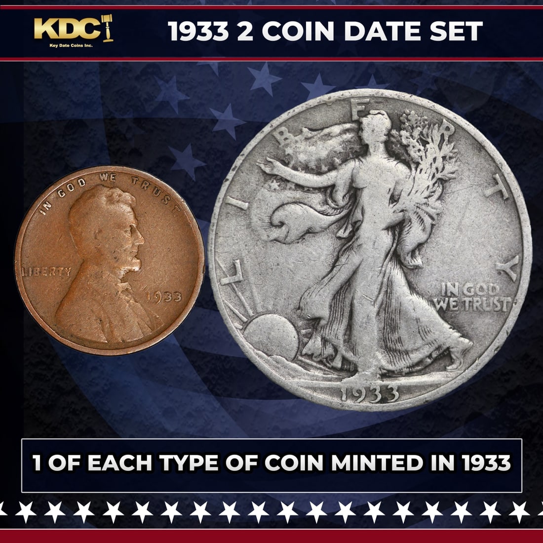 1933 5 Coin Date Set, 1 Of Each Type Of Coin Minted in 1933: 1933 5 Coin Date Set, 1 Of Each Type Of Coin Minted in 1933. Please Note All Backer Cards may have slight differences but will be very similar if not identical to the one in the photoHistoric precious