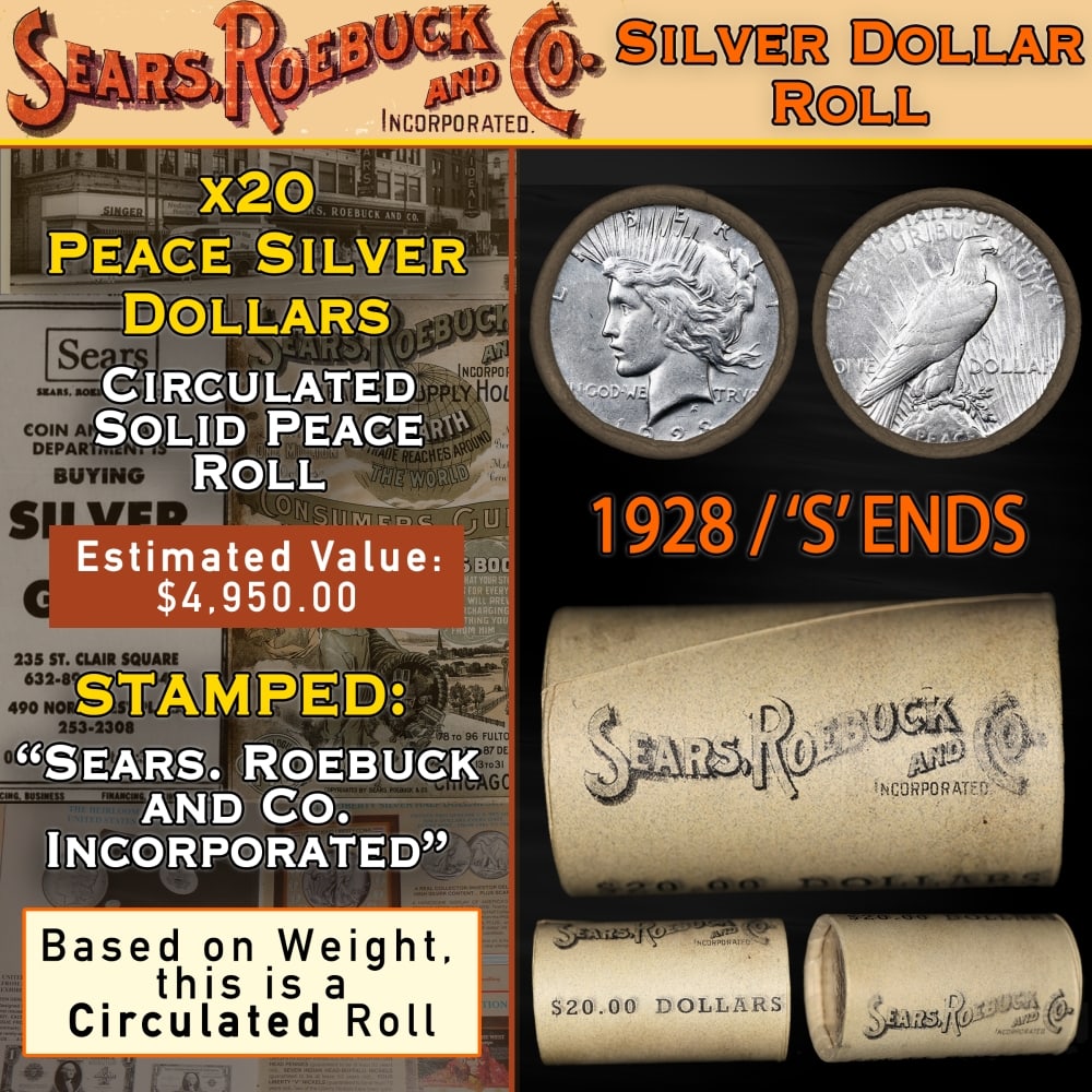 Circulated Silver Peace Dollar $1 Roll SEARS 20 1928/'S' Rev Ends: Circulated Silver Peace Dollar $1 Roll SEARS 20 1928/'S' Rev Ends. Up For Auction is a 24- Circulated Silver Peace Dollar $1 Roll SEARS 20 1928/'P' Rev Ends Roll Weighing 524.1 g Based On this weight